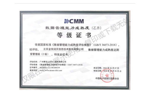 DCMM數據管理能(néng)力成(chéng)熟度(乙方)等級證書